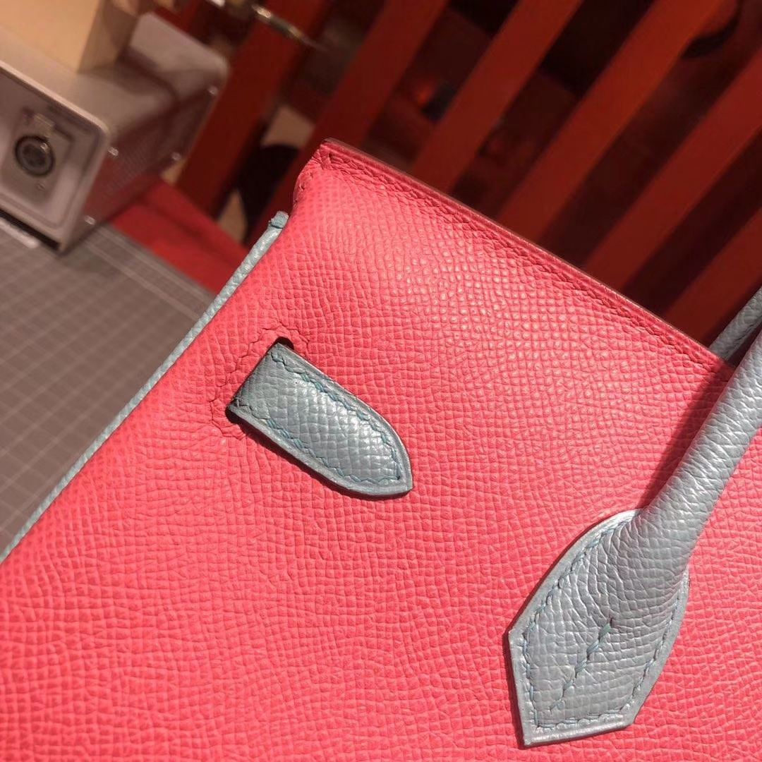 爱马仕铂金包尺寸 Hermes玫红拼唇膏粉拼马卡龙蓝原厂Epsom牛皮Birkin25CM 金扣