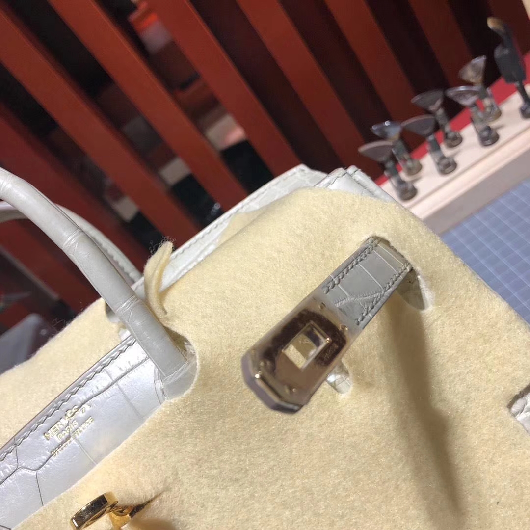 Hermes Birkin25CM 爱马仕8L奶油白雾面尼罗鳄鱼皮铂金包 金扣