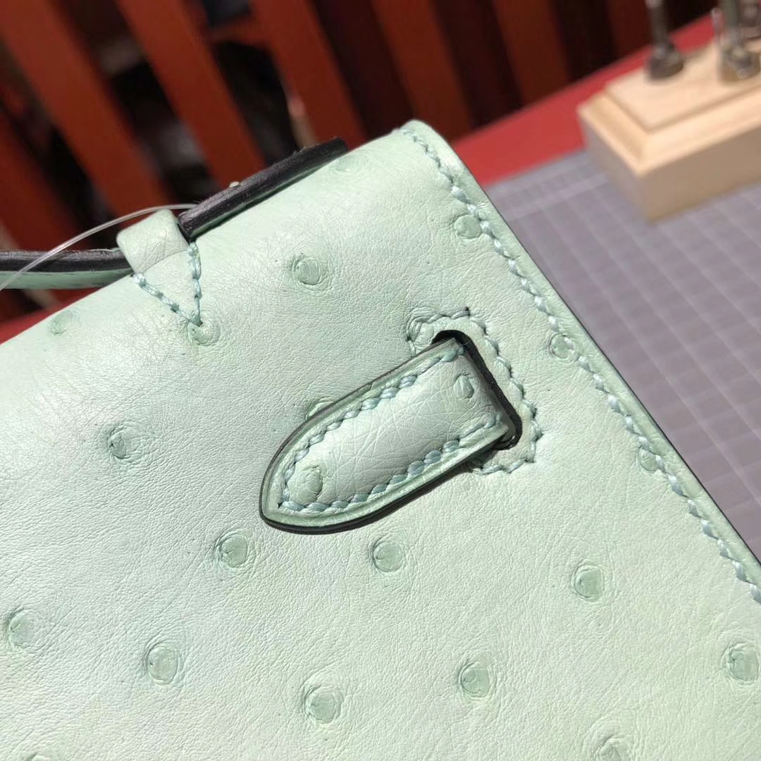 爱马仕新款包包 Hermes Minikelly Pochette冰淇淋绿顶级鸵鸟皮迷你凯莉包 金扣