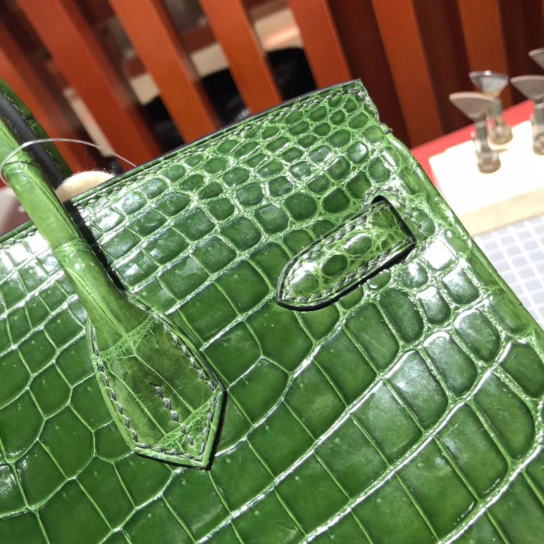 爱马仕Birkin女包 Hermes原厂亮面鳄鱼皮铂金包25CM 6Q祖母绿 银扣