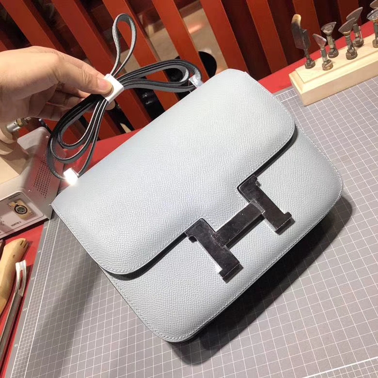 Hermes经典女包 爱马仕顶级Epsom牛皮空姐包Constance24CM 冰川蓝银扣