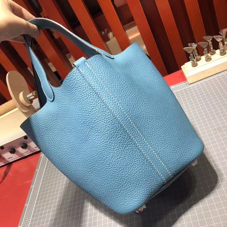 爱马仕菜篮子包 Hermes Picotin Lock18CM 牛仔蓝Clemence牛皮 银扣