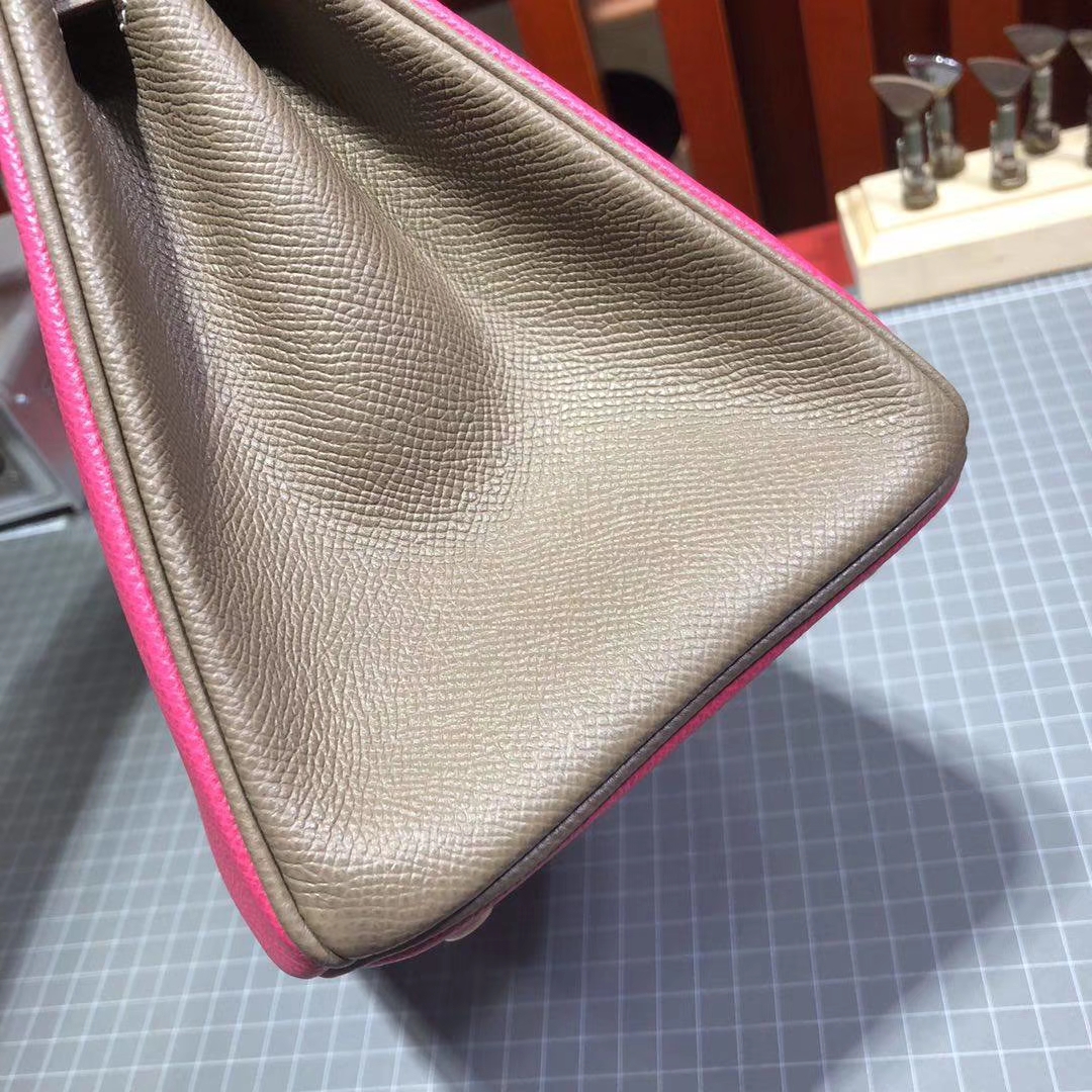 爱马仕拼色铂金包 Hermes Birkin25CM 玫红拼大象灰Epsom牛皮 金扣