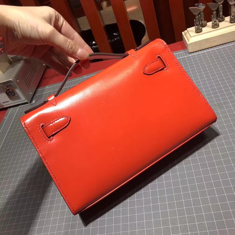爱马仕迷你凯莉包 Hermes Minikelly Pochette22cm 火焰橙顶级Box牛皮 金扣