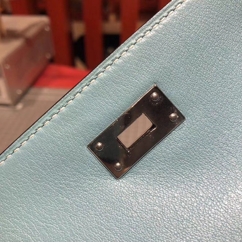 Hermes Minikelly22CM 爱马仕牛仔蓝顶级Swift牛皮迷你凯莉包 银扣