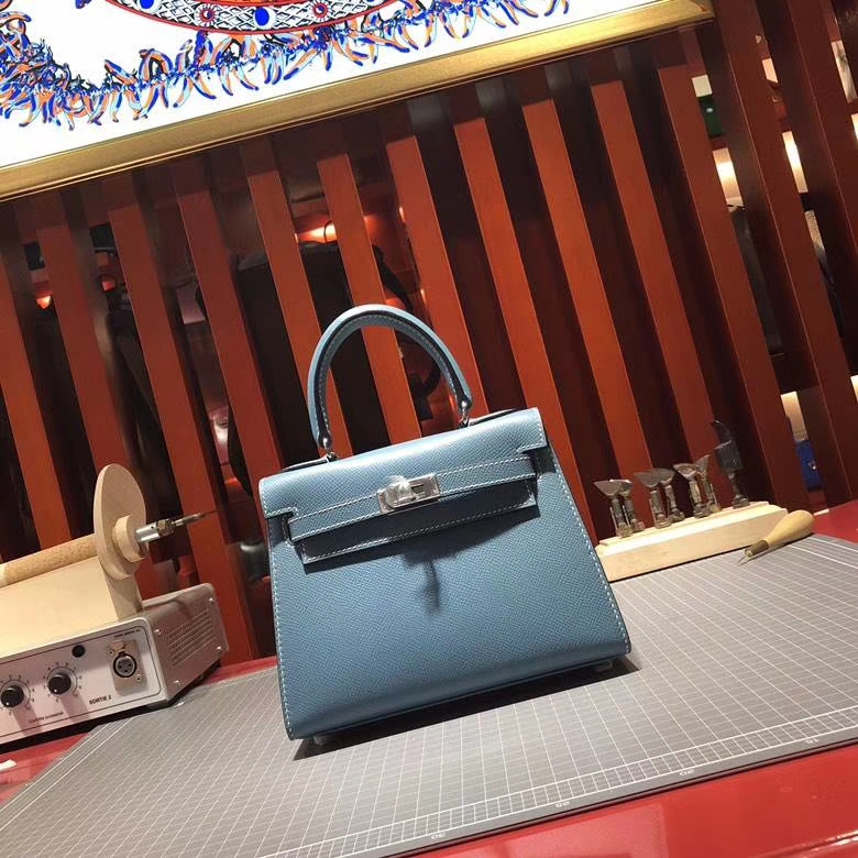 爱马仕凯莉包尺寸 Hermes Kelly20CM CC75牛仔蓝 epsom皮 银扣