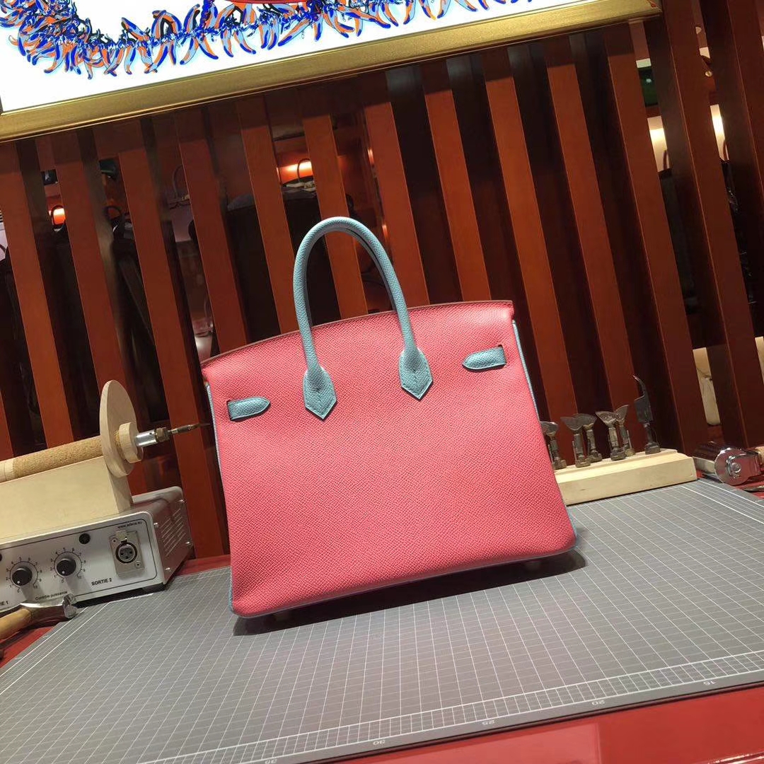 爱马仕铂金包尺寸 Hermes玫红拼唇膏粉拼马卡龙蓝原厂Epsom牛皮Birkin25CM 金扣