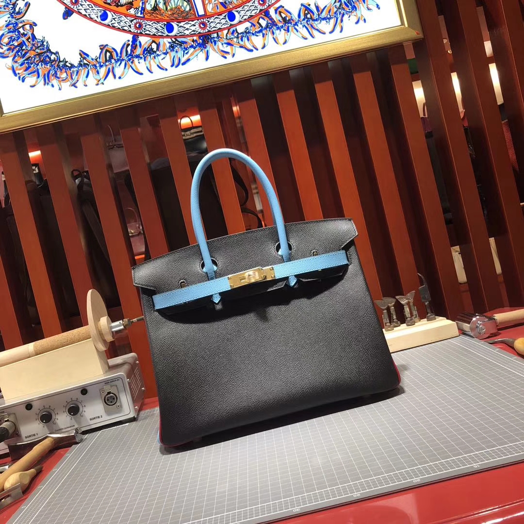 爱马仕Birkin包包 Hermes黑色拼糖果蓝十字纹牛皮铂金包30CM 金扣