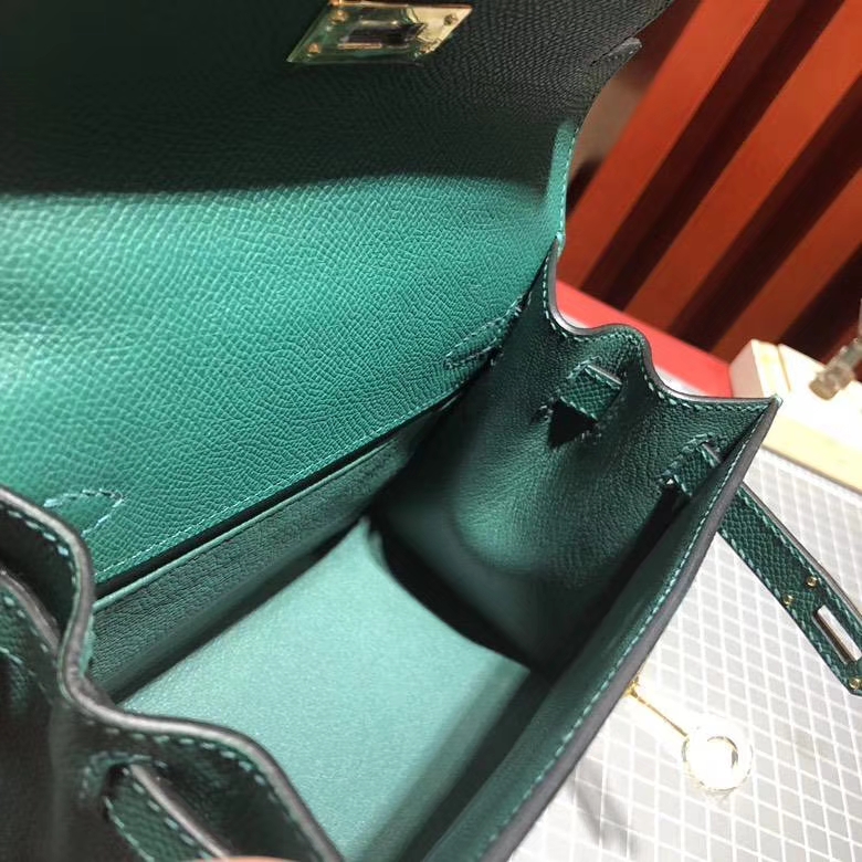 爱马仕Kelly包包 Hermes Z6孔雀绿epsom皮手工缝制凯莉包Kelly20CM