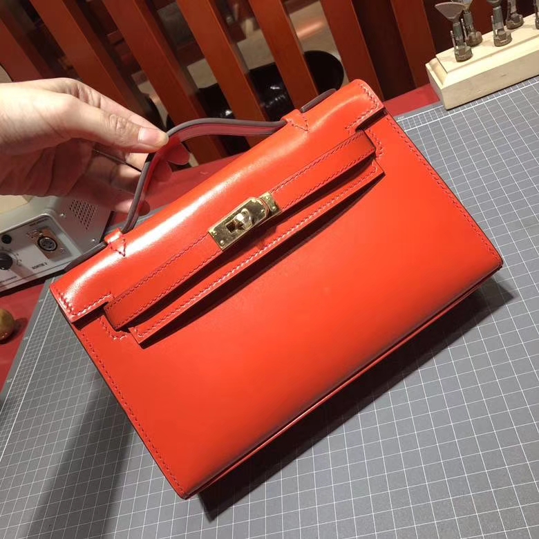 爱马仕迷你凯莉包 Hermes Minikelly Pochette22cm 火焰橙顶级Box牛皮 金扣