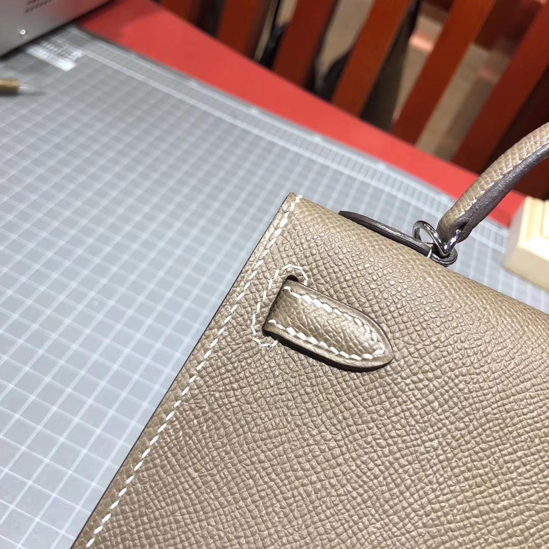 Hermes Minikelly2代 爱马仕C18大象灰顶级Epsom牛皮迷你凯莉包19CM 银扣