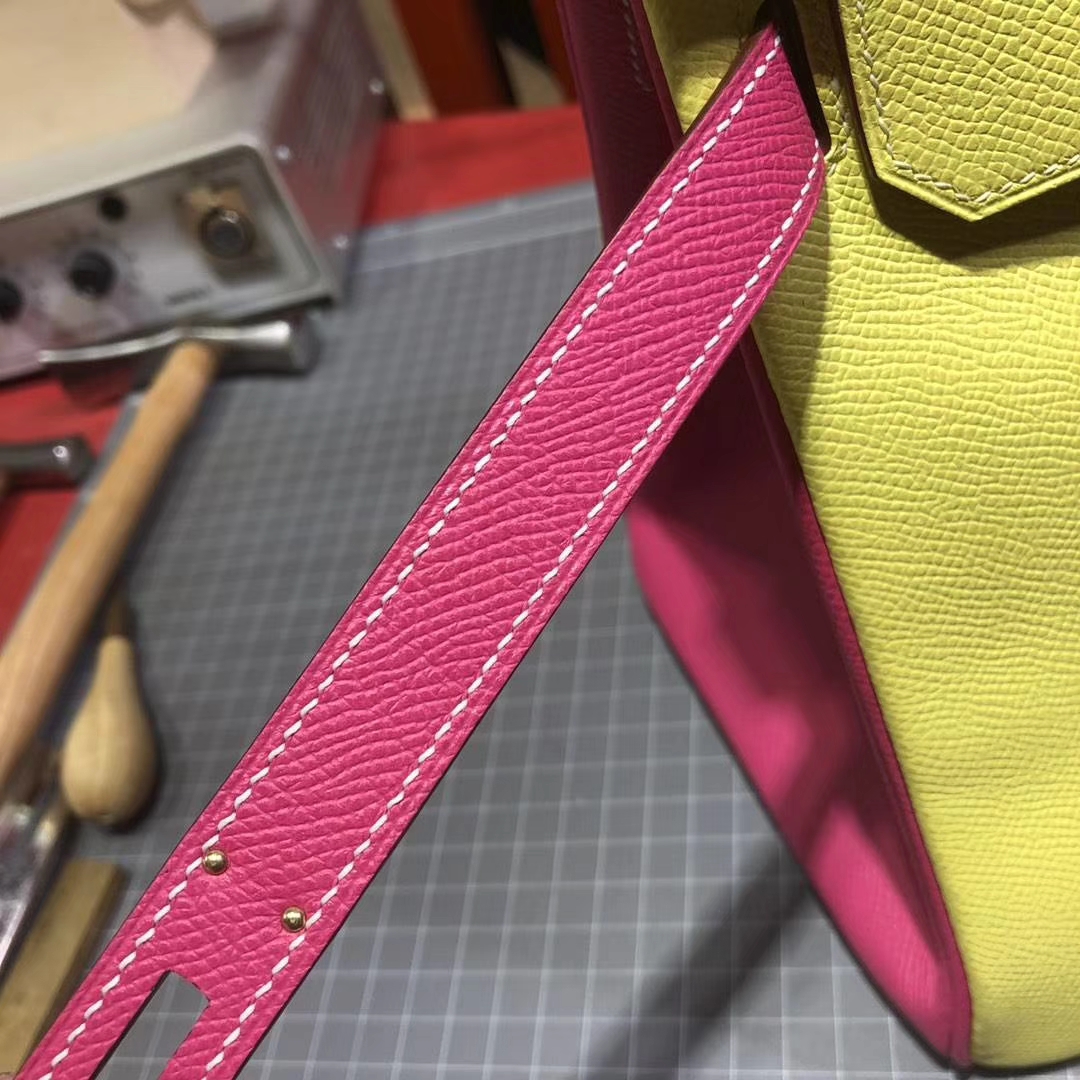 爱马仕拼色铂金包 Hermes Birkin30cm 小鸡黄拼玫红Epsom牛皮 金扣