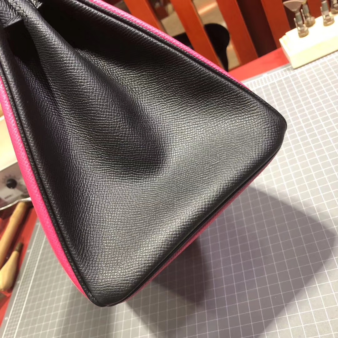 Hermes Birkin30CM 爱马仕拼色铂金包 原厂Epsom牛皮 玫红拼黑色 金扣