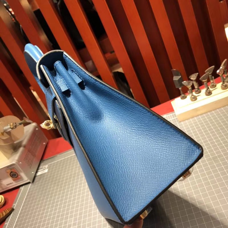 爱马仕Kelly女包 Hermes希腊蓝原厂Epsom牛皮凯莉包Kelly25CM 金扣