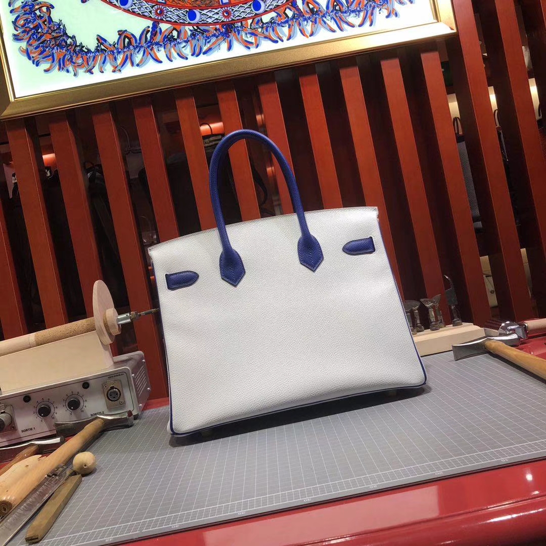 Hermes Birkin30CM 爱马仕纯白拼电光蓝原厂十字纹牛皮铂金包 银扣
