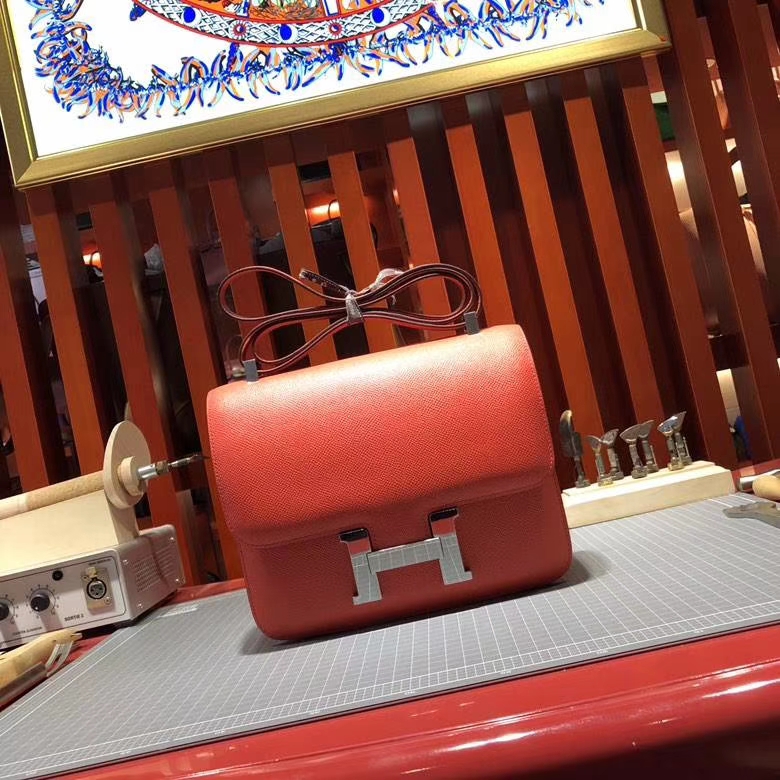爱马仕康斯坦包 Hermes Constance24CM 西瓜红Epsom牛皮 银扣