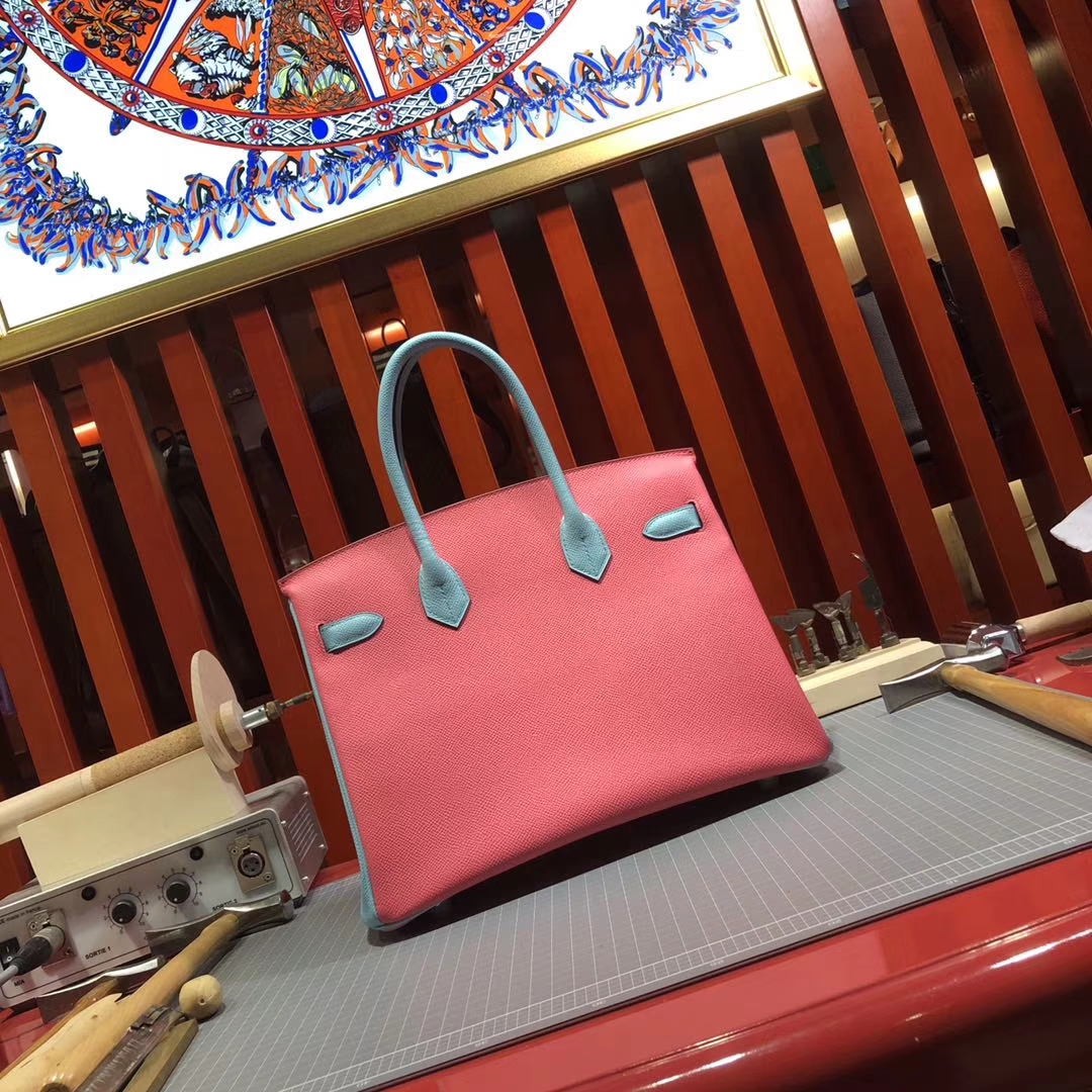 爱马仕拼色铂金包 Hermes奶昔白拼唇膏粉拼马卡龙蓝手掌纹牛皮Birkin30CM 银扣