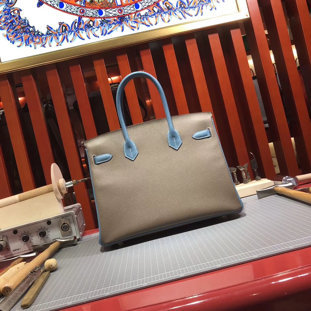 Hermes Birkin30CM 爱马仕大象灰拼牛仔蓝原厂手掌纹牛皮铂金包 金扣