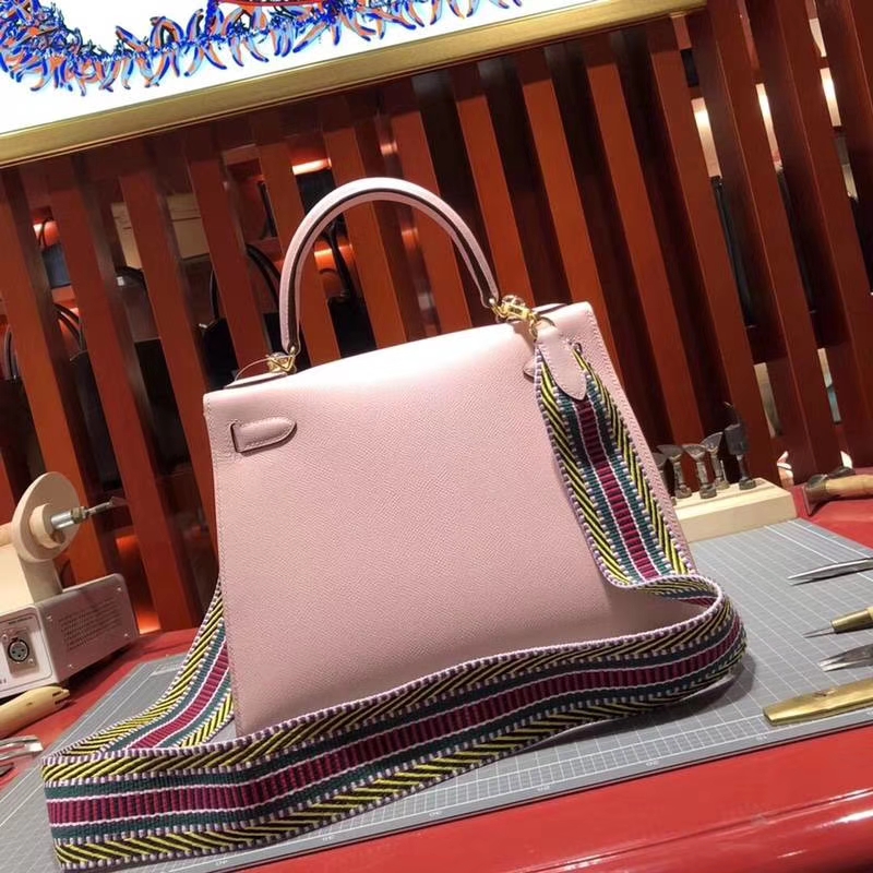 Hermes Kelly28CM 爱马仕3Q粉色原厂Epsom牛皮新款织带凯莉包 金扣