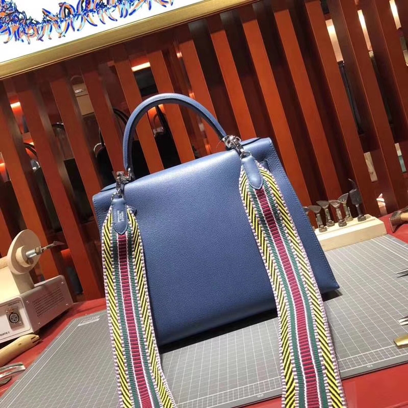 爱马仕Kelly包包28cm Hermes原厂Epsom牛皮专柜新款织带凯莉包 银扣