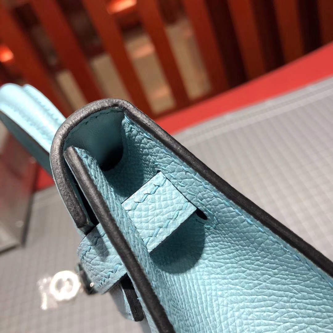 爱马仕晚宴手包 Hermes Minikelly2代 3P马卡龙蓝原厂Epsom牛皮 银扣
