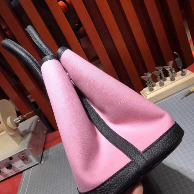 Hermes Garden Party 爱马仕花园包30CM 黑色Togo牛皮拼粉色帆布