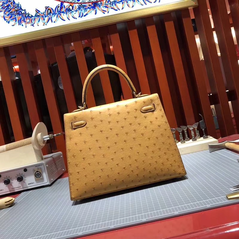Hermes包包官网 爱马仕稻草黄南非鸵鸟皮手工缝制凯莉包Kelly25CM 金扣