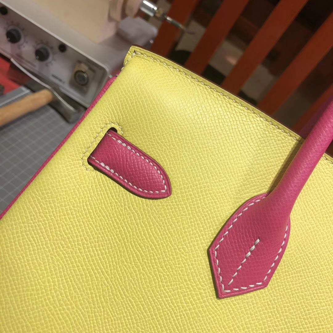爱马仕拼色铂金包 Hermes Birkin30cm 小鸡黄拼玫红Epsom牛皮 金扣