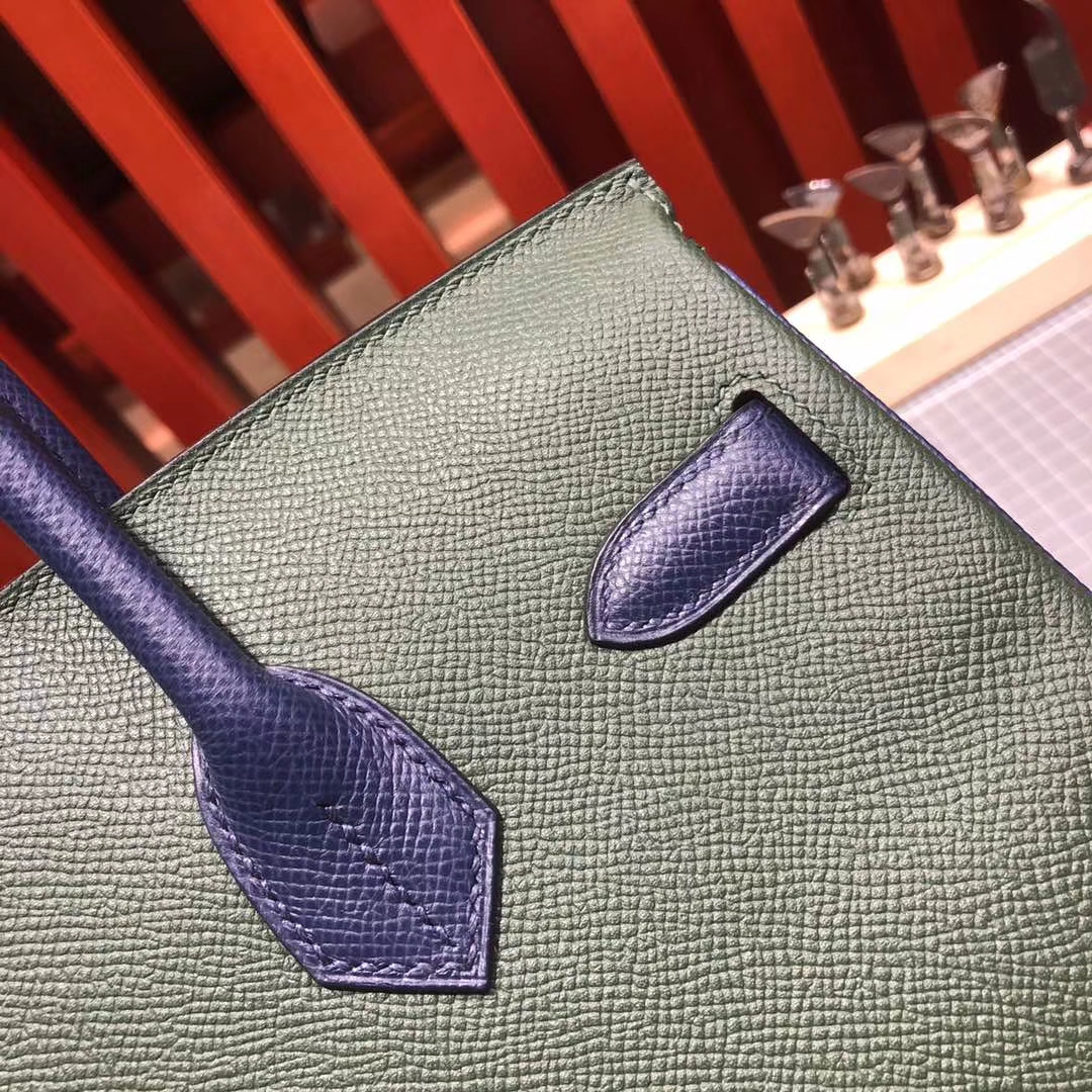 Hermes Birkin30CM 爱马仕英国绿拼宝石蓝十字纹牛皮铂金包 金扣