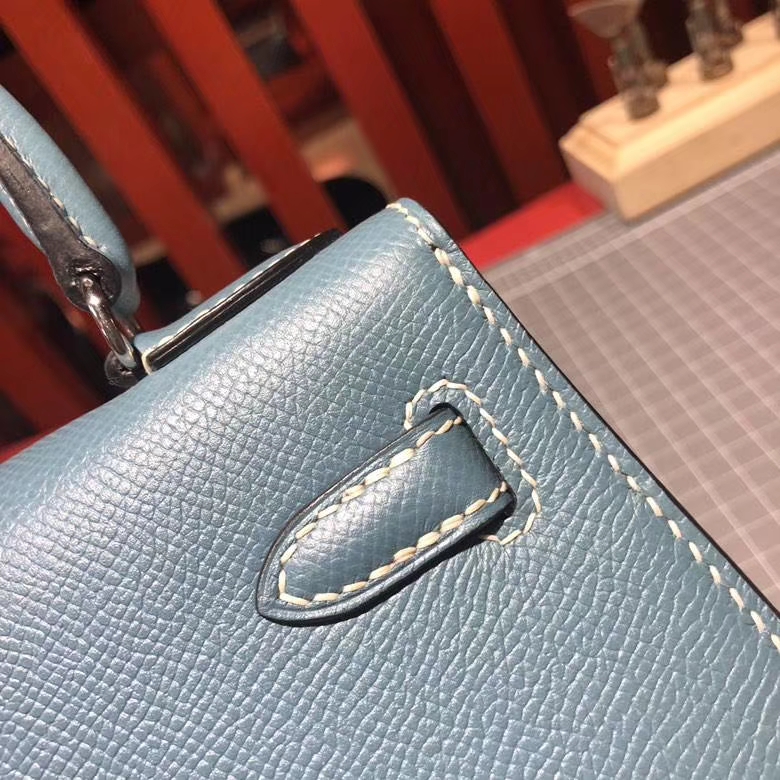 爱马仕凯莉包尺寸 Hermes Kelly20CM CC75牛仔蓝 epsom皮 银扣