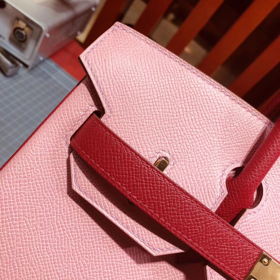 爱马仕拼色铂金包 Hermes Birkin30CM 奶昔粉拼中国红原厂手掌纹牛皮 金扣