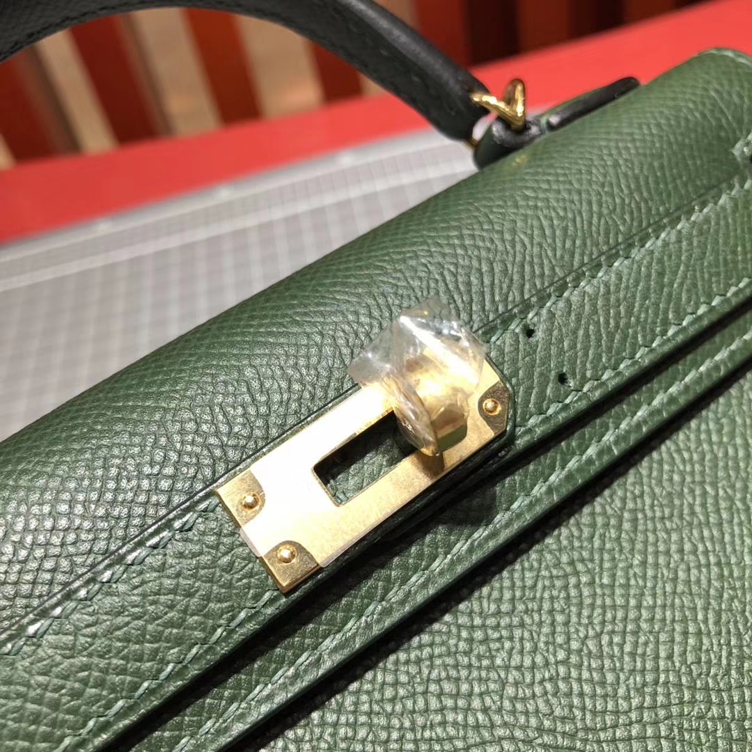 爱马仕迷你凯莉包2代 Hermes Minikelly 2Q英国绿原厂Epsom牛皮手包 金扣