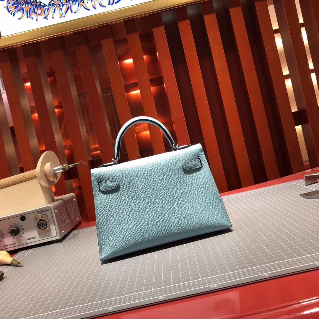 爱马仕晚宴手包 Hermes Minikelly2代 3P马卡龙蓝原厂Epsom牛皮 银扣