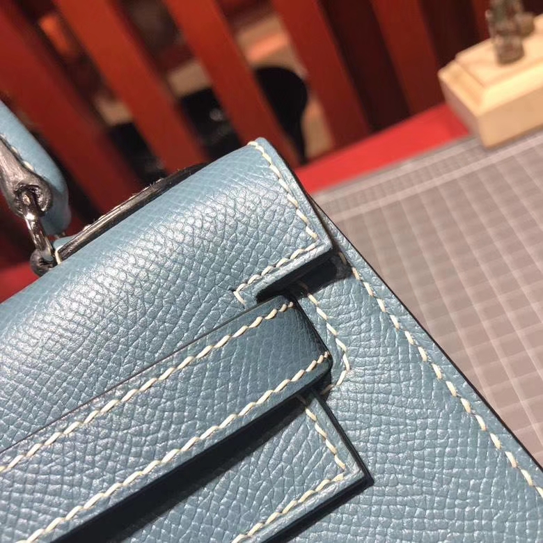 爱马仕凯莉包尺寸 Hermes Kelly20CM CC75牛仔蓝 epsom皮 银扣
