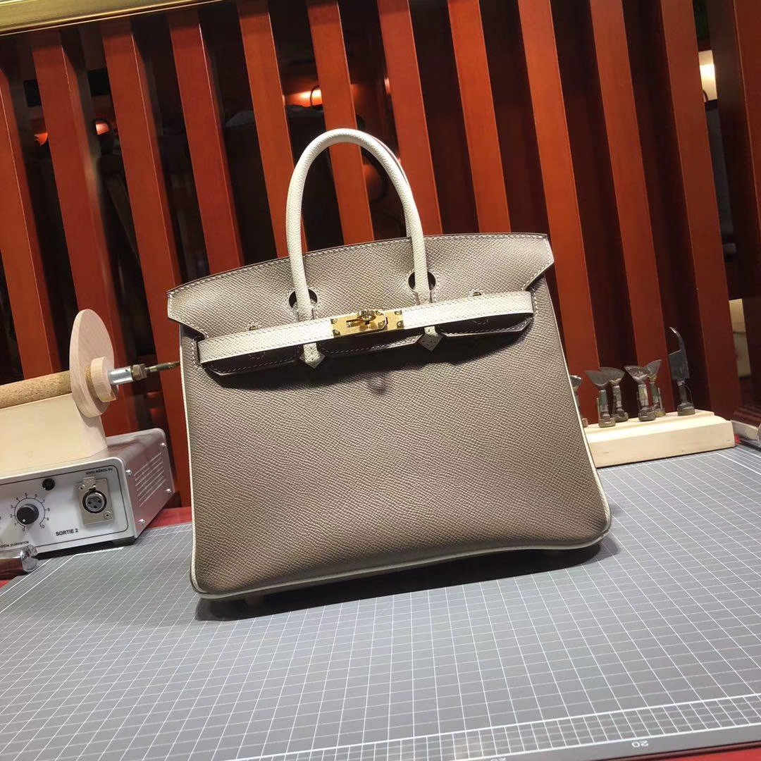 爱马仕拼色铂金包 Hermes大象灰拼奶昔白Epsom牛皮Birkin25CM 金扣