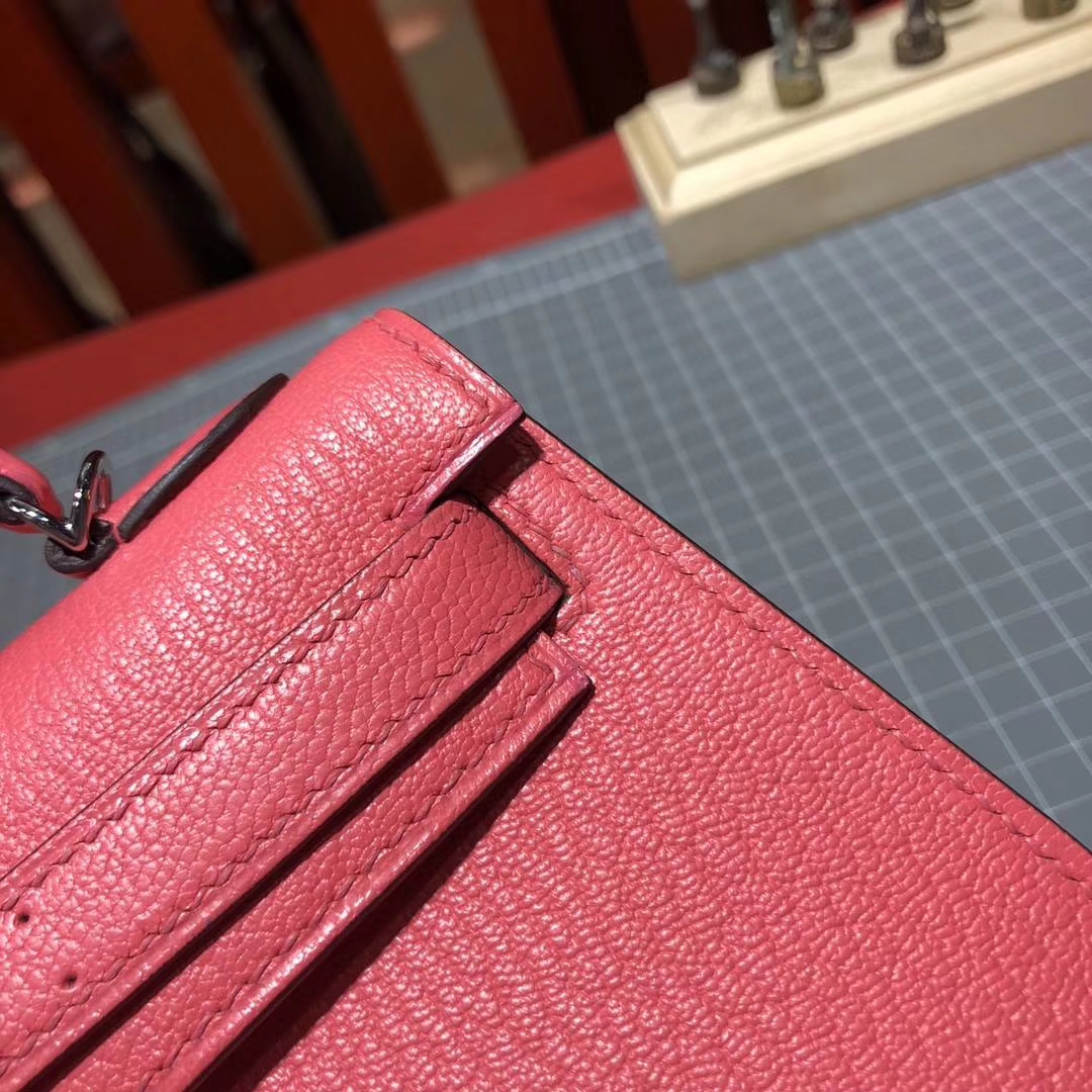 Hermes Minikelly2代 爱马仕8W唇膏粉顶级山羊皮迷你凯莉包2代 银扣