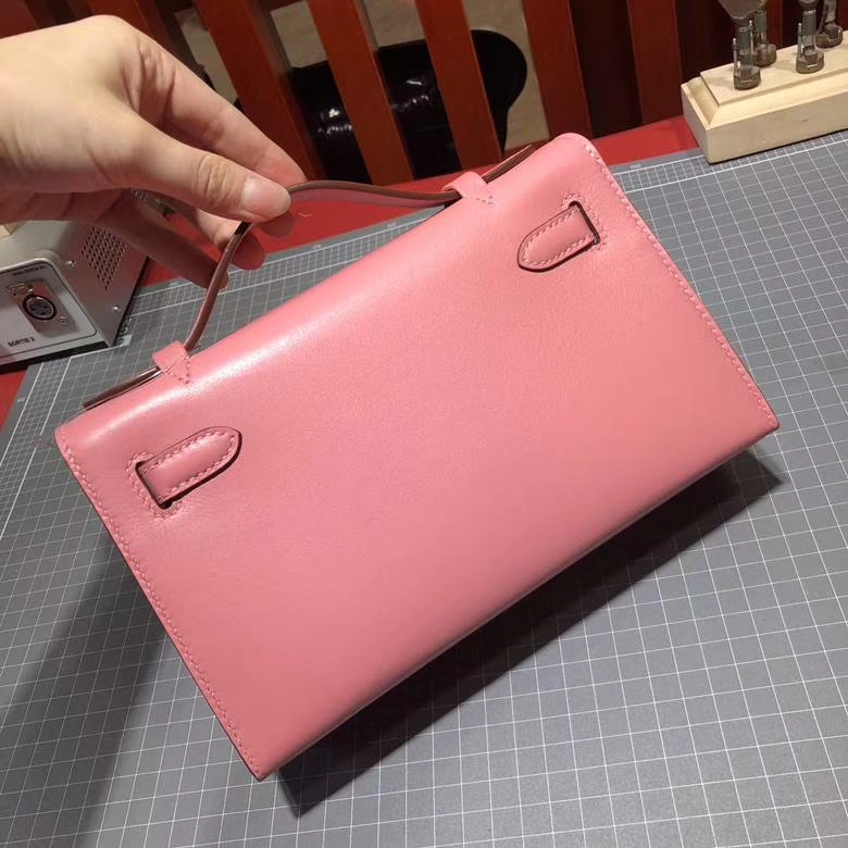 爱马仕迷你凯莉包 Hermes Minikelly22CM 奶昔粉顶级Swift牛皮 金扣