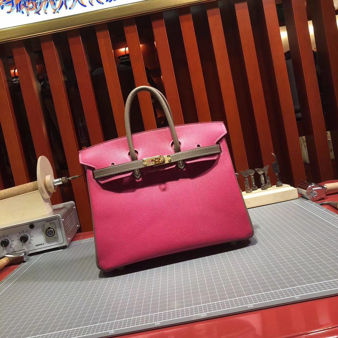 爱马仕拼色铂金包 Hermes Birkin25CM 玫红拼大象灰Epsom牛皮 金扣
