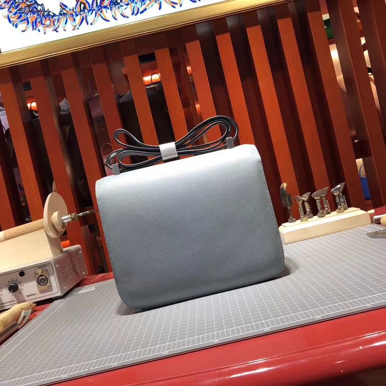 Hermes经典女包 爱马仕顶级Epsom牛皮空姐包Constance24CM 冰川蓝银扣