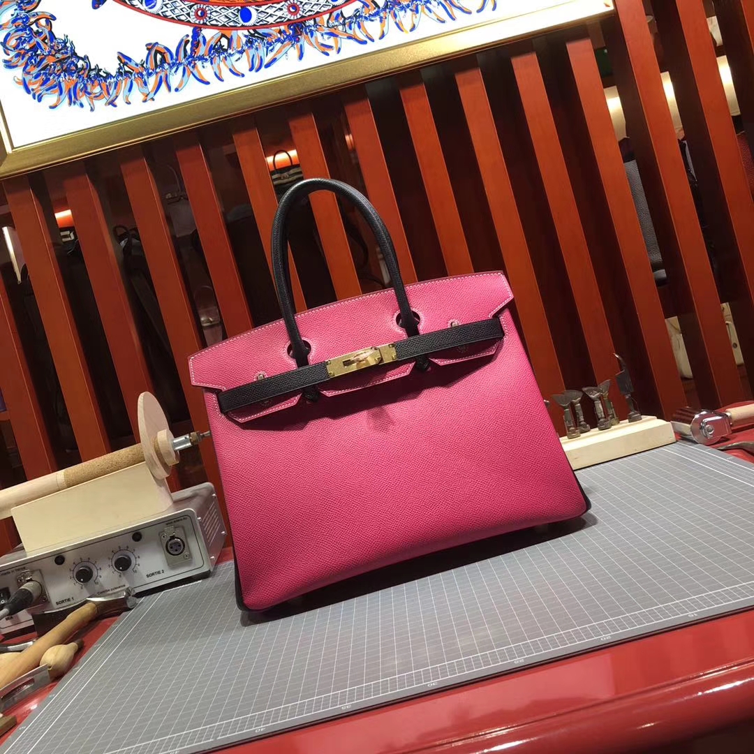 Hermes Birkin30CM 爱马仕拼色铂金包 原厂Epsom牛皮 玫红拼黑色 金扣