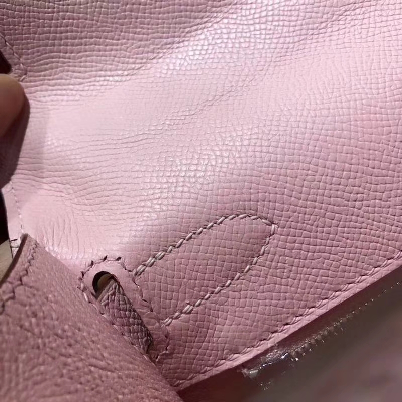 爱马仕新款凯莉包 Hermes Kelly28CM 3Q粉色Epsom牛皮 搭配新款织带 银扣