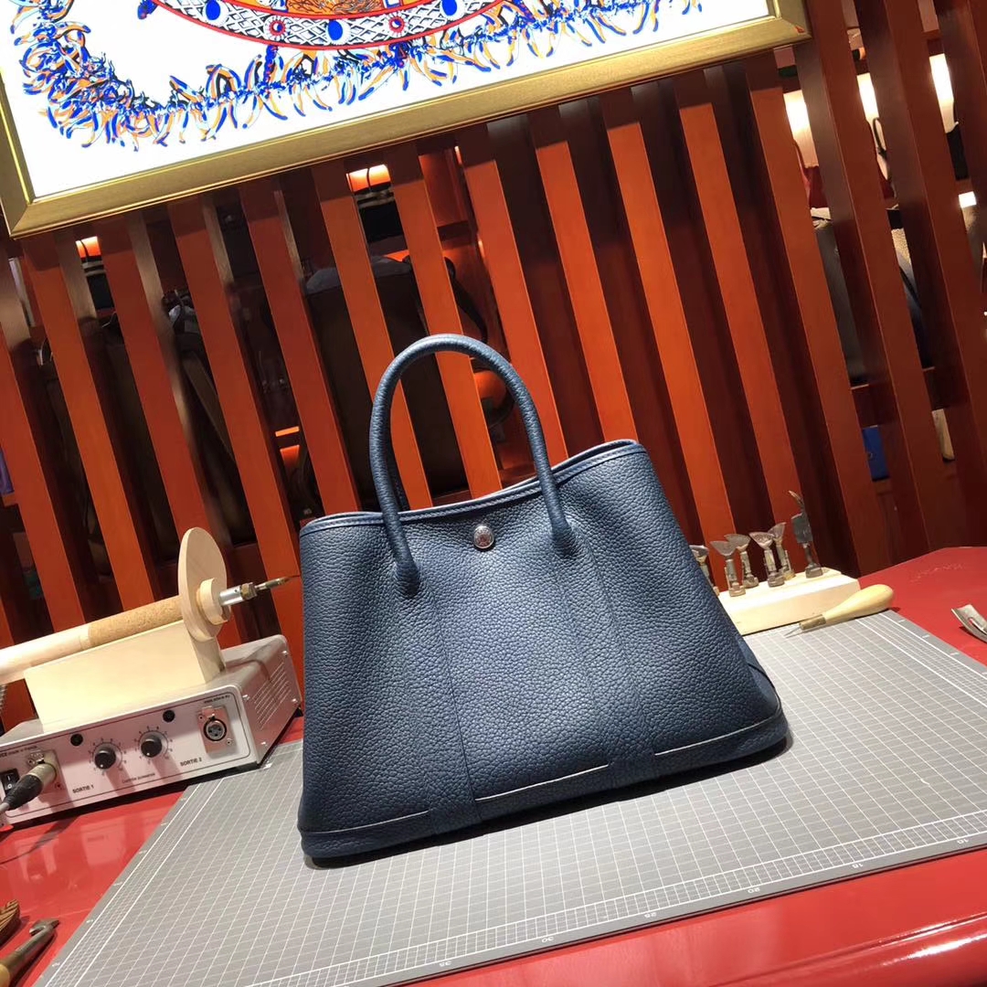 爱马仕花园包价格 Hermes Garden Party宝石蓝法国本土小牛皮手提包30CM