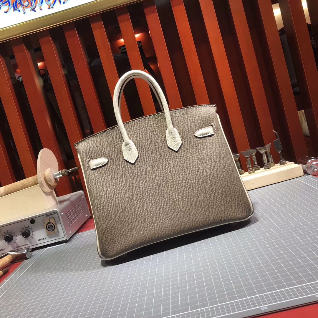 爱马仕拼色铂金包 Hermes大象灰拼奶昔白Epsom牛皮Birkin25CM 金扣