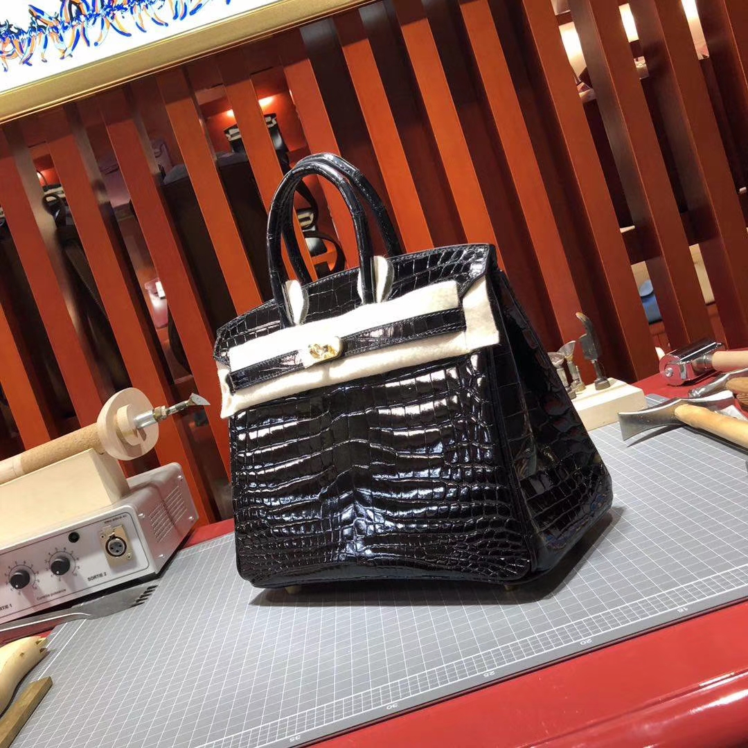 爱马仕铂金包尺寸 Hermes Birkin25CM CK89黑色亮面鳄鱼皮 金扣