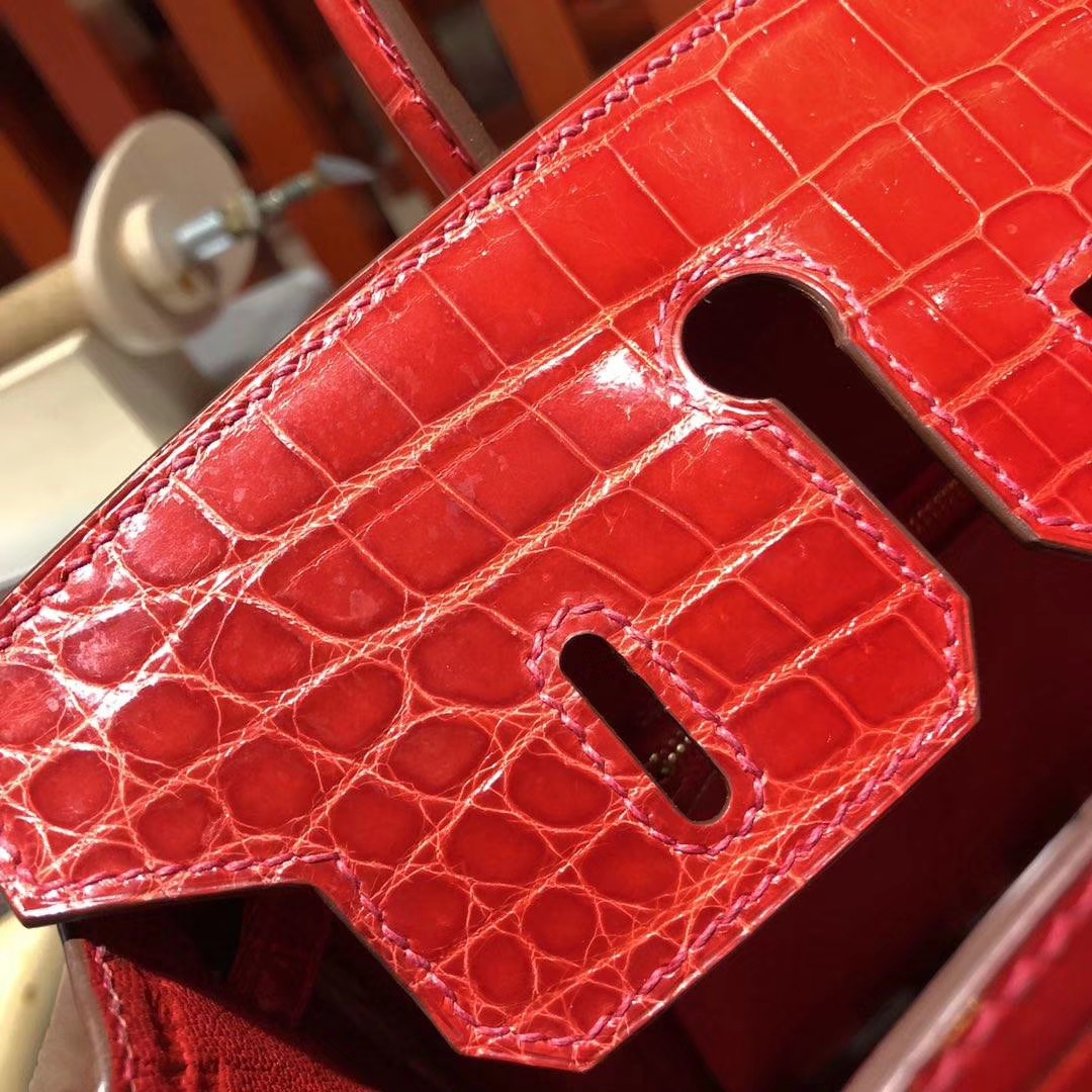 爱马仕铂金包价格 Hermes原厂尼罗鳄鱼皮Birkin25CM CK95法拉利红 金扣