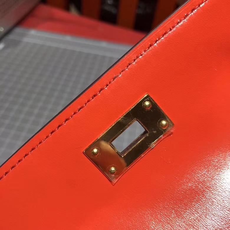 爱马仕迷你凯莉包 Hermes Minikelly Pochette22cm 火焰橙顶级Box牛皮 金扣