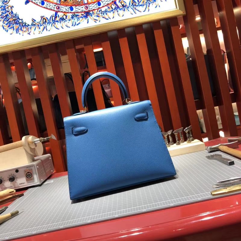 爱马仕Kelly女包 Hermes希腊蓝原厂Epsom牛皮凯莉包Kelly25CM 金扣