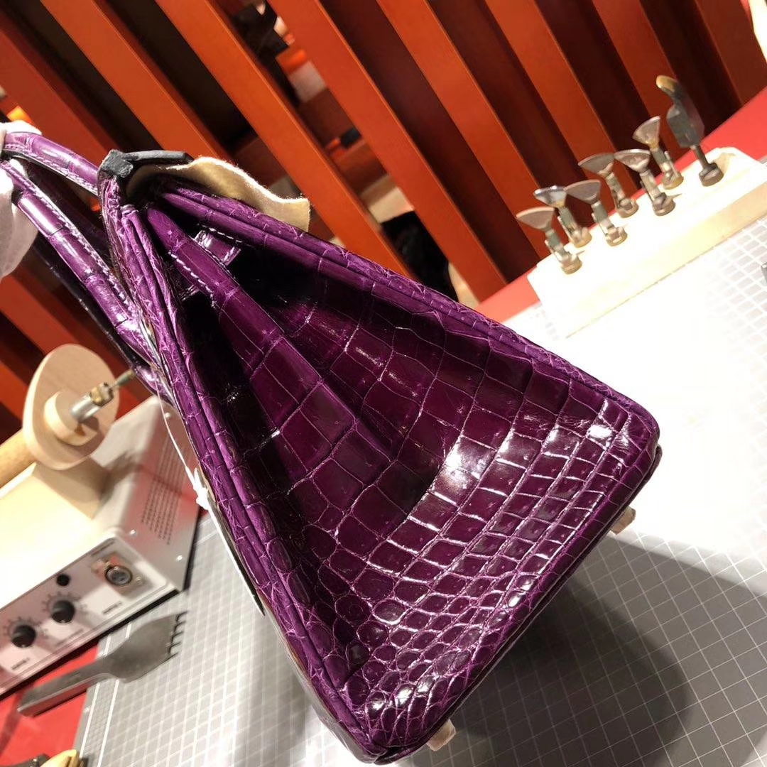 Hermes包包官网 爱马仕3W葡萄紫亮面鳄鱼皮铂金包Birkin25CM 银扣