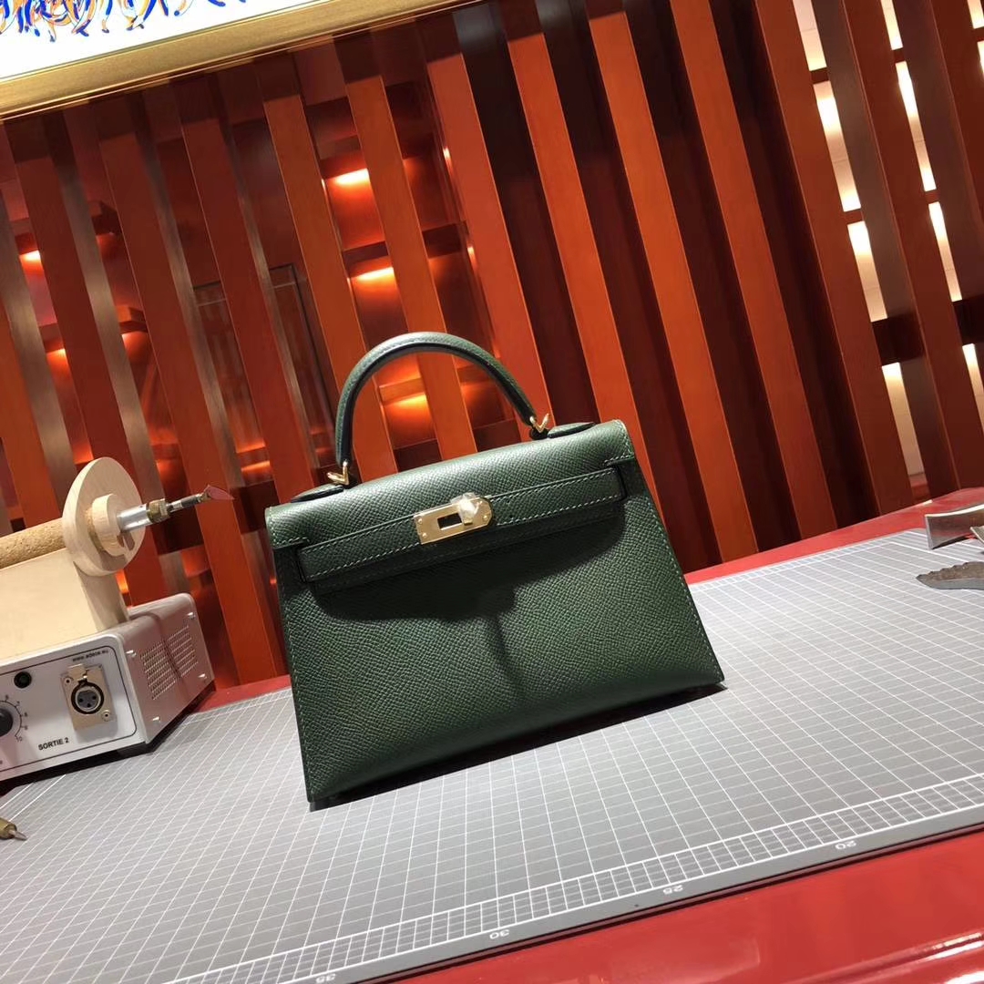爱马仕迷你凯莉包2代 Hermes Minikelly 2Q英国绿原厂Epsom牛皮手包 金扣