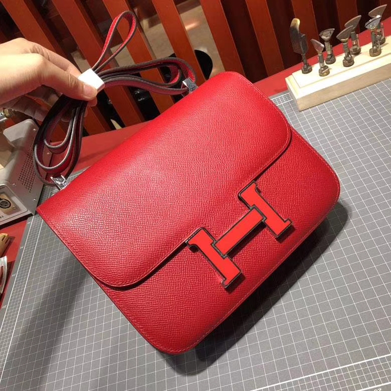 爱马仕空姐包价格 Hermes Constance24CM 中国红Epsom牛皮 珐琅扣